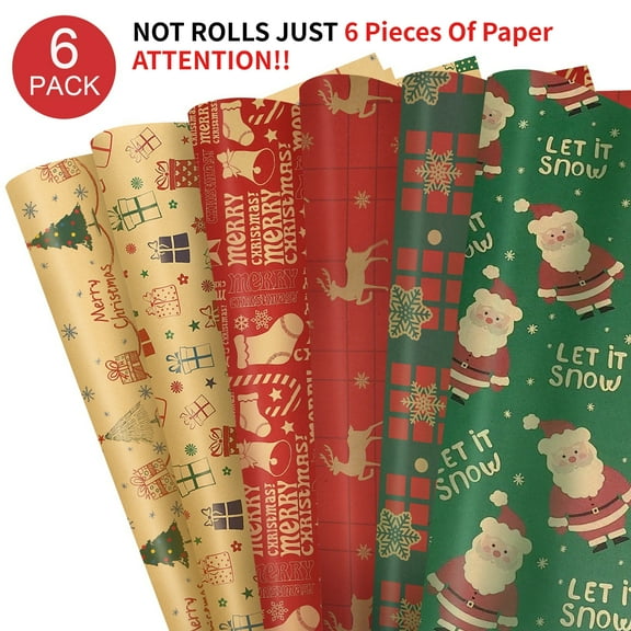 Syvvy 6 pack Christmas Wrapping Paper,Kraft Gift Wrapping Paper,Santa Claus,Reindeer Sleigh,Xmas Tree,Square Snowflakes,Gift Wrap Paper for Party,Birthday,Christmas Decor