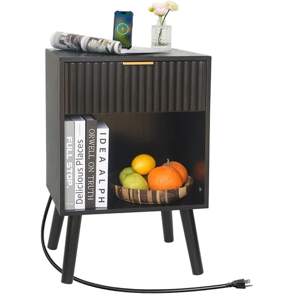 Syvvy Black Nightstand with Charging Station, Mid Century Modern Bedside Table with Drawers and Outlet,Side Tables Living Room, Wooden Night Stand for Bedroom, Office