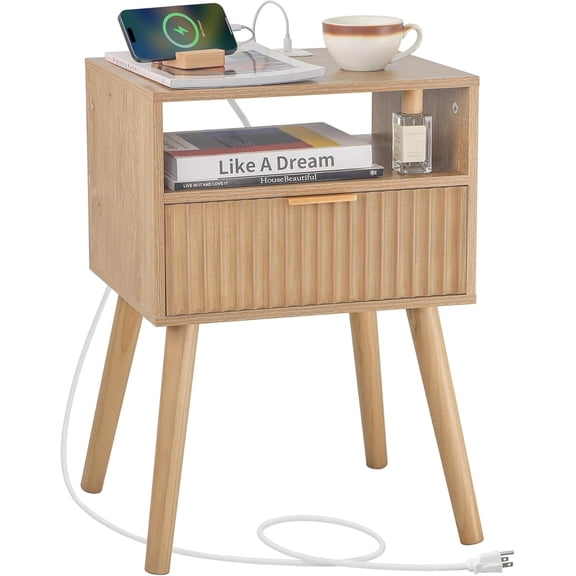 Syvvy Small NightStand, Fluted Night Stand with Drawer and Open Shelf, Modern Bedside Table End Table with Solid Wood Legs for Living Room, Bedroom and Small Space (Rustic Walnut)