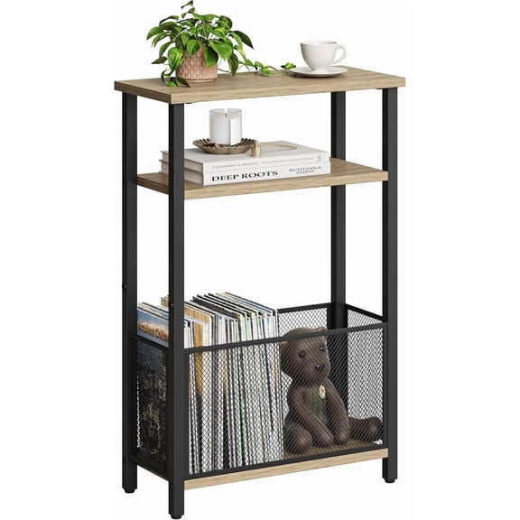 Syvvy Narrow Side Table with Storage Basket Skinny End Tables for Smalls Spaces 3 Tier Sofa Table Small Nightstand Slim Bedside Table for Living Room Bedroom