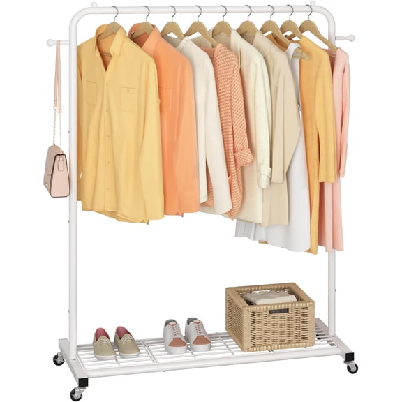 Clothing Rack Wheels with Mesh Storage Shelf & Sturdy Frame, Rolling Garment Rack for Clothes, Coats, Skirts, 39.76" L x 16" W x 64.56" H,White