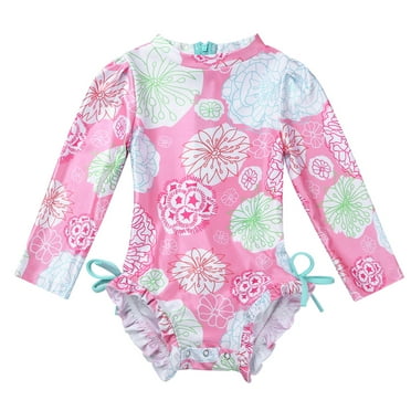 Sywiyi Infant Baby Girls Long Sleeve Rash Guard Swimsuit Sun Protection Swimwear Printed Zipper Pink 3-6M