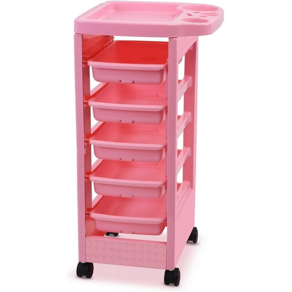 SyyBhb Salon Trolley Cart with Wheels, Hair Stylist Cart with Drawers, Hair Dryer Tool Holder and Tint Bowl Slot, Pink