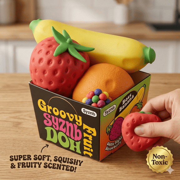 Syznb 3 Pack Fruit Scented Dough Toys, Sensory Stress Relief Balls, Soft Squeezable Play Putty, Strawberry Orange Banana, Classroom Prizes and Kids Party Favors