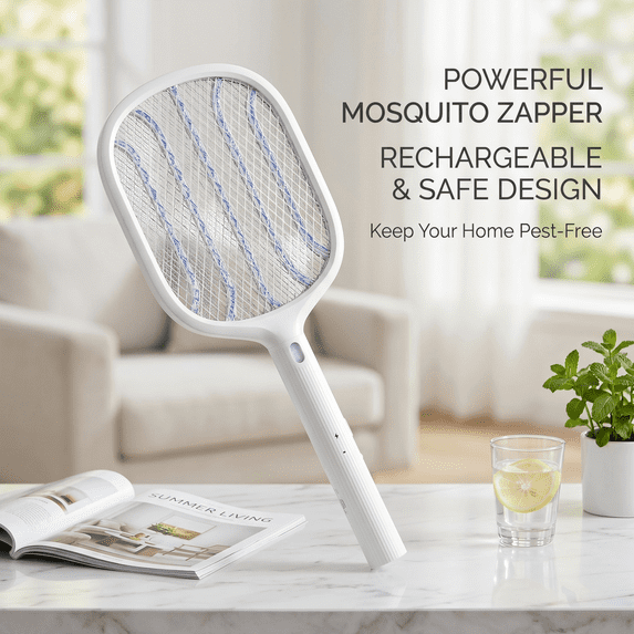 Syznb Electric Fly Swatter and Mosquito Zapper, High-Density Mesh Bug Zapper Racket, USB Rechargeable Indoor and Outdoor Pest Control, 5-Layer Safety Mesh, White Color