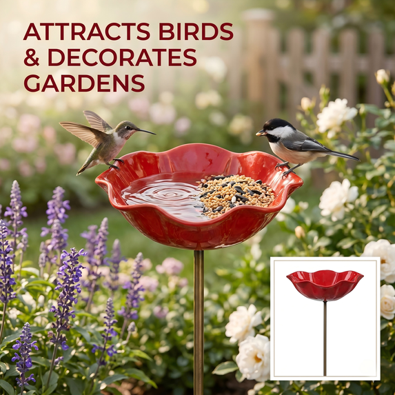 Syznb Handmade Metal Garden Stakes, Bee Watering Station and Small Bird Bath, Floral Hummingbird Feeder Plaque for Outdoor Spring Yard Garden Decor, 19.7 Inch