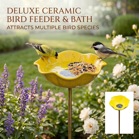 Syznb Handmade Metal Garden Stakes, Bee Watering Station and Small Bird Bath, Floral Hummingbird Feeder Plaque for Outdoor Spring Yard Garden Decor, 19.7 Inch