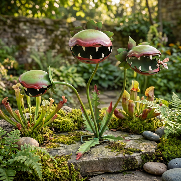 Syznb Metal Carnivorous Flower Garden Stake, 25.2 Inch Venus Flytrap Art Collectible, Gothic Plant Decor, Rust-Proof Tabletop Decor for Home Shelf Yard Patio, Green