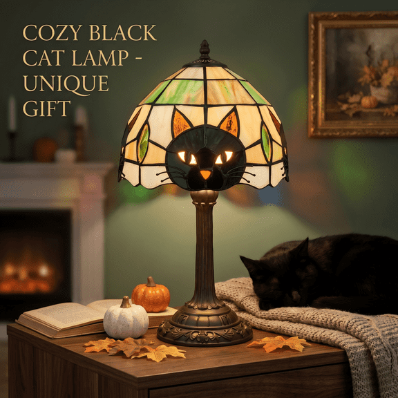 Syznb Resin Black Cat Table Lamp, 8x5 Inch Stained Glass Style Cat Lamp, Eye-Caring Soft Bedside Light for Bedroom, Gothic Goth Lamp Home Decor Accessories, Black