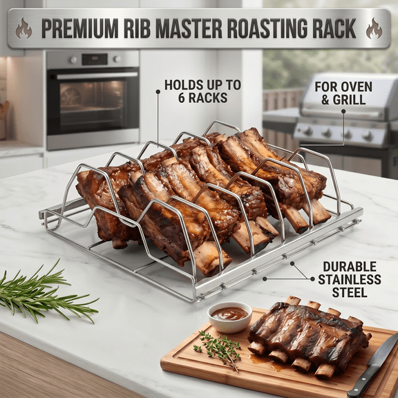 Syznb Stainless Steel Rib Rack for Smoking, BBQ Barbecue Roasting Stand for Beef Ribs Chicken Steak Lamb, Outdoor Grilling Accessories, Portable Grid, 12 inch
