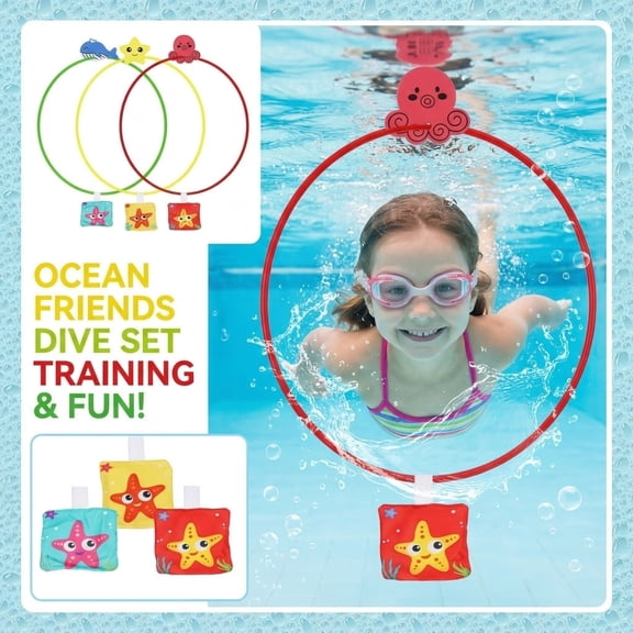 Syznb Underwater Diving Ring Pool Toys for Kids, 2-in-1 Toss Game Set with Floating Target and Bags, Swim Training Aids, Summer Backyard Water Play Accessories for Children, Ocean Theme