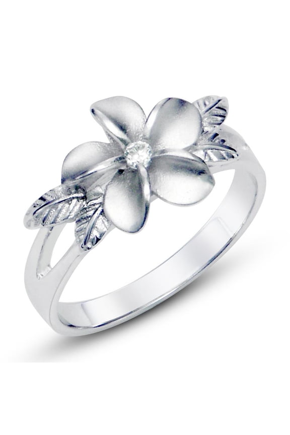 Sz 10 Sterting Silver 925 Plumeria Cubic Zirconia CZ w/ Maile Leaf Hawaiian Flower Band Ring