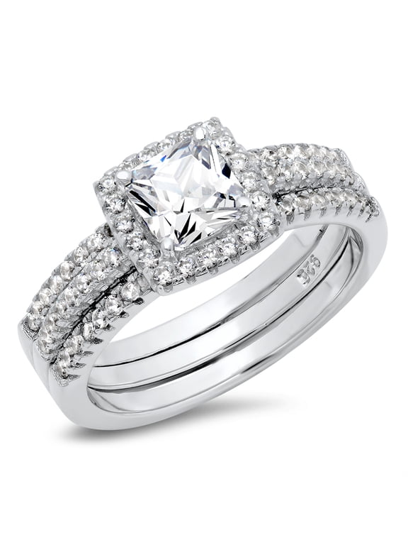 Sz 12 Sterling Silver Cushion Cubic Zirconia CZ 2Pc Halo Wedding Engagement Ring Insert Set