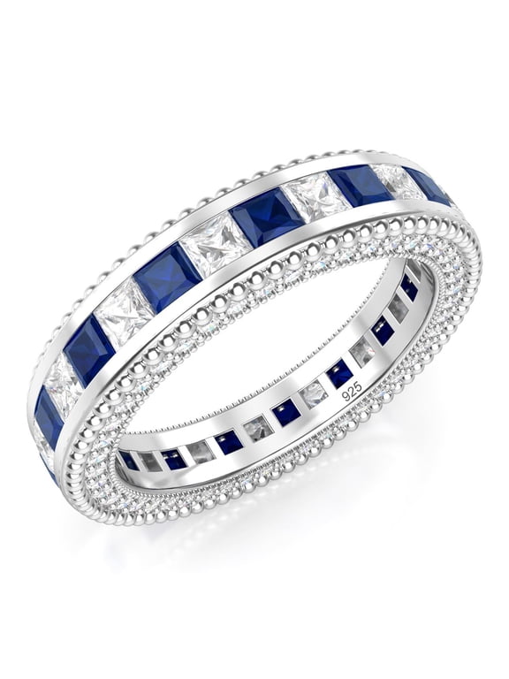 Sz 4 Sterling Silver 925 Princess Cut Blue & White Cubic Zirconia CZ Eternity Band Ring