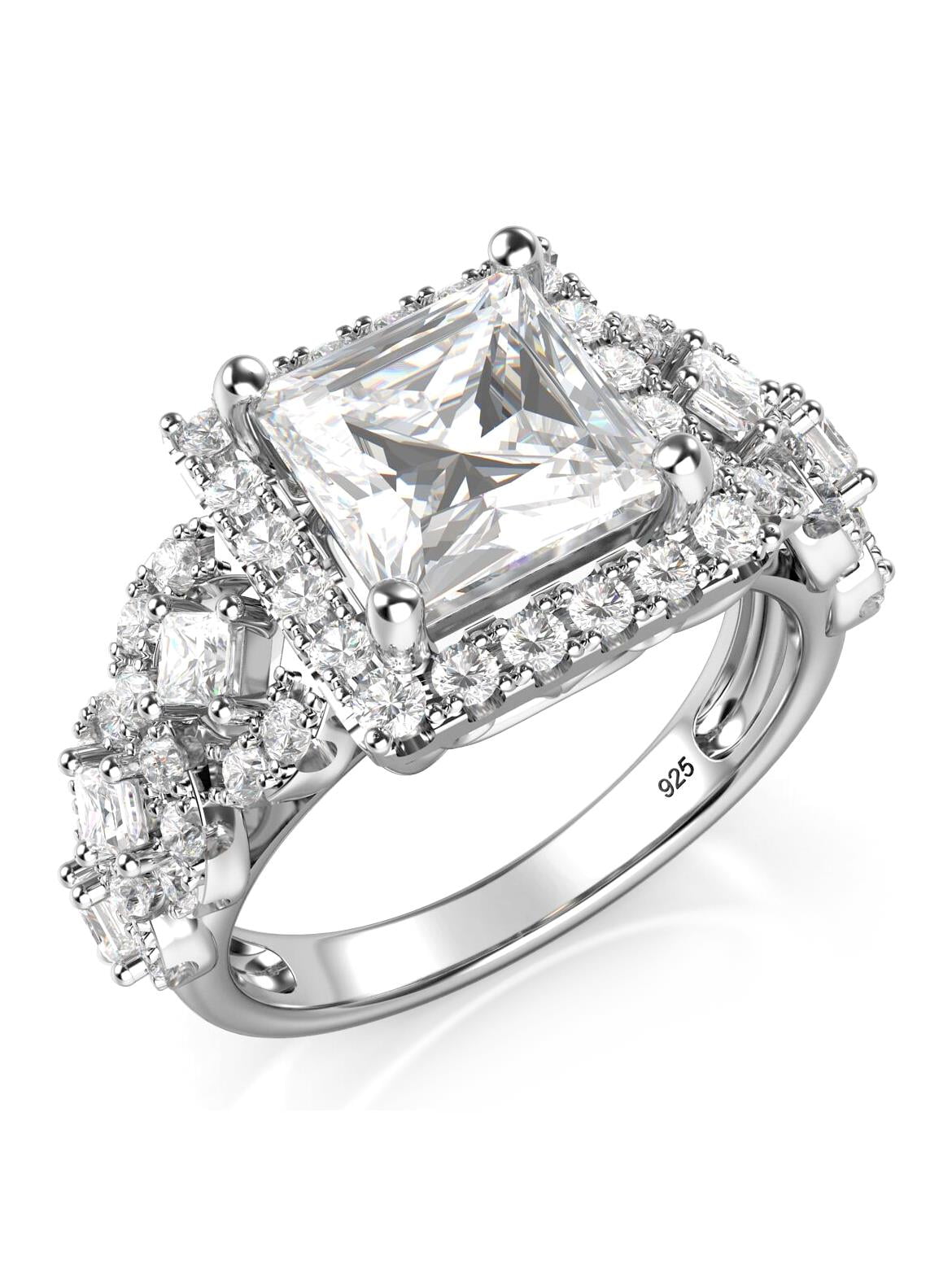 Sz 4 Sterling Silver 925 Princess Cut CZ Cubic Zirconia Halo Engagement ...