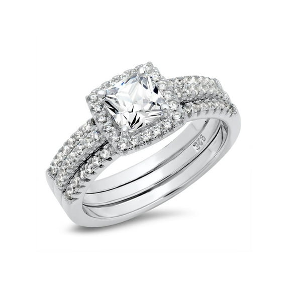Sz 4 Sterling Silver Cushion Cubic Zirconia CZ 2Pc Halo Wedding Engagement Ring Insert Set