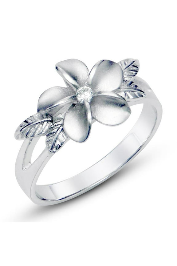 Sz 4 Sterting Silver 925 Plumeria Cubic Zirconia CZ w/ Maile Leaf Hawaiian Flower Band Ring