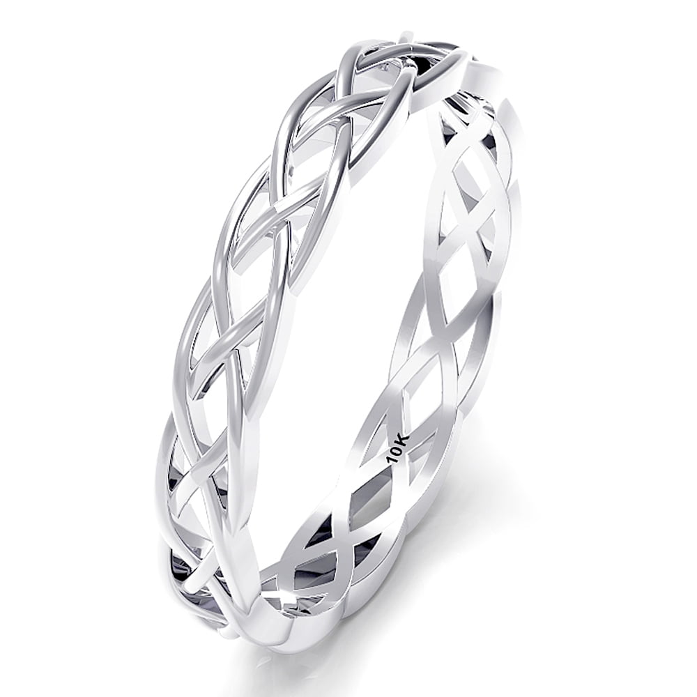 Sz 5.0 Solid 10K White Gold 3MM Eternity Celtic Knot Stackable Comfort Fit Wedding Band Ring