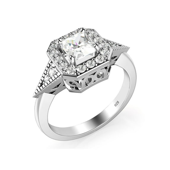 Sz 5 Sterling Silver 925 Princess Cut CZ Cubic Zirconia Halo Engagement Ring