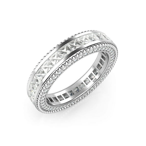 Sz 5 Sterling Silver 925 Princess Cut Cubic Zirconia CZ Milgrain Eternity Band Ring