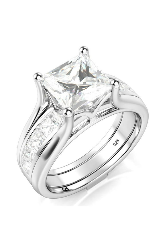 Sz 6 Sterling Silver 2Pcs 925 CZ Cubic Zirconia Engagement Wedding Band Ring Insert Set