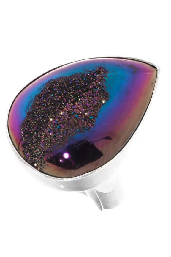 Sz 6 Teardrop Rainbow Titanium Druzy Agate 925 Sterling Silver Ring, 1"