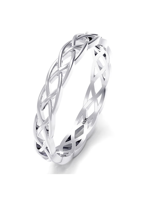 Sz 7.0 Solid 10K White Gold 3MM Eternity Celtic Knot Stackable Comfort Fit Wedding Band Ring