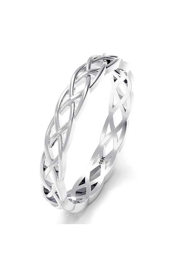Sz 7.5 Solid 10K White Gold 3MM Eternity Celtic Knot Stackable Comfort Fit Wedding Band Ring
