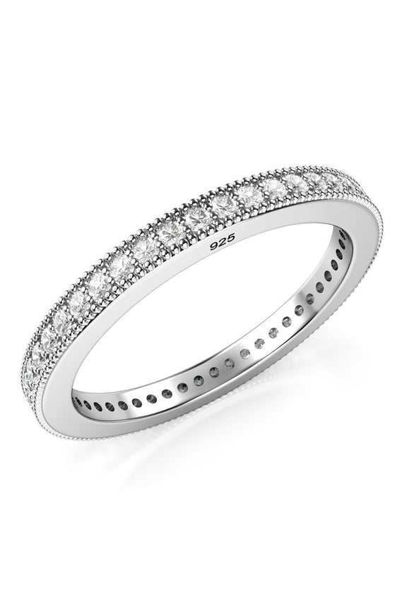 Sz 7 Sterling Silver 2MM 925 CZ Cubic Zirconia Eternity Wedding Band Ring