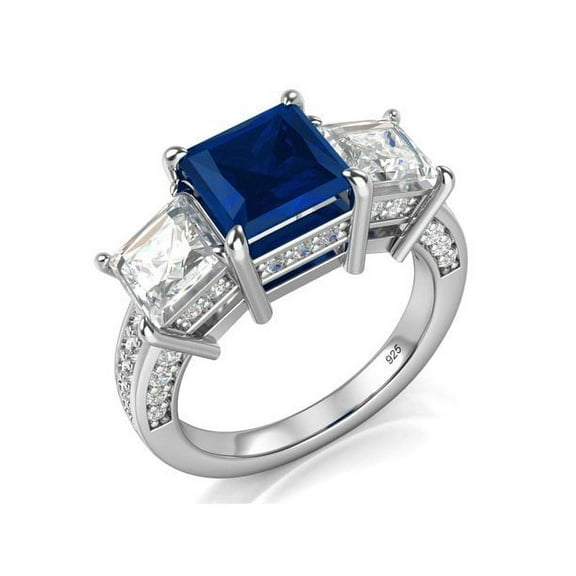 Sz 7 Sterling Silver 925 Princess Cut Blue & White Cubic Zirconia CZ Engagement Ring