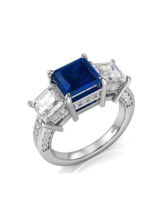 Sz 7 Sterling Silver 925 Princess Cut Blue & White Cubic Zirconia CZ Engagement Ring