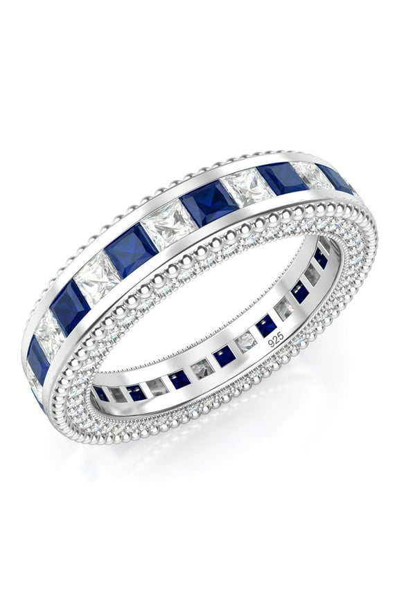 Sz 7 Sterling Silver 925 Princess Cut Blue & White Cubic Zirconia CZ Eternity Band Ring