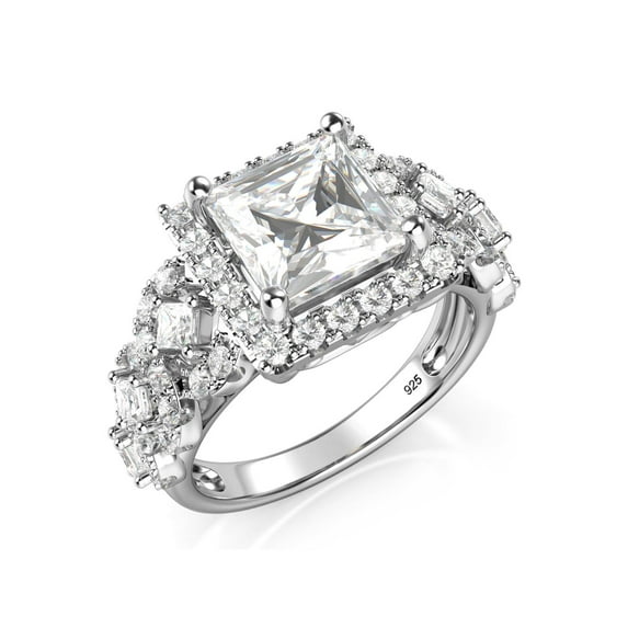 Sz 7 Sterling Silver 925 Princess Cut CZ Cubic Zirconia Halo Engagement Ring