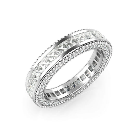 Sz 7 Sterling Silver 925 Princess Cut Cubic Zirconia CZ Milgrain Eternity Band Ring
