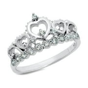 Sz 7 Sterling Silver Cubic Zirconia Princess Heart Crown Tiara CZ Band Ring