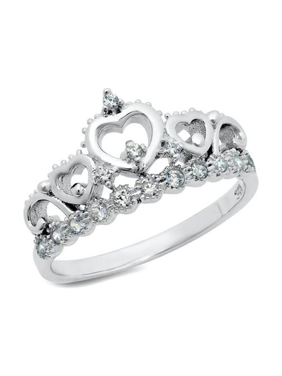 Sz 7 Sterling Silver Cubic Zirconia Princess Heart Crown Tiara CZ Band Ring