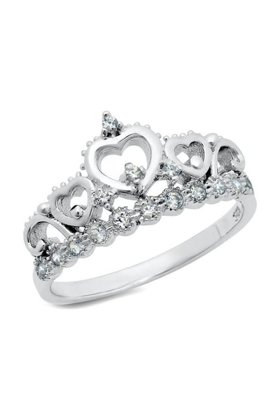 Sz 6 Sterling Silver Cubic Zirconia Princess Heart Crown Tiara CZ Band Ring