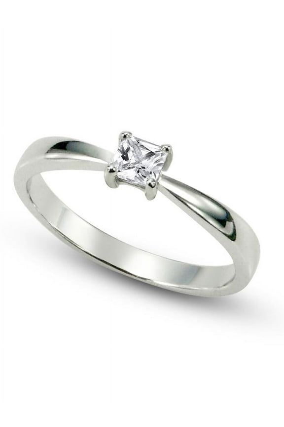 Sz 7 Sterling Silver Cubic Zirconia Solitaire 0.1 Carat tw Princess Cut CZ Engagement Ring