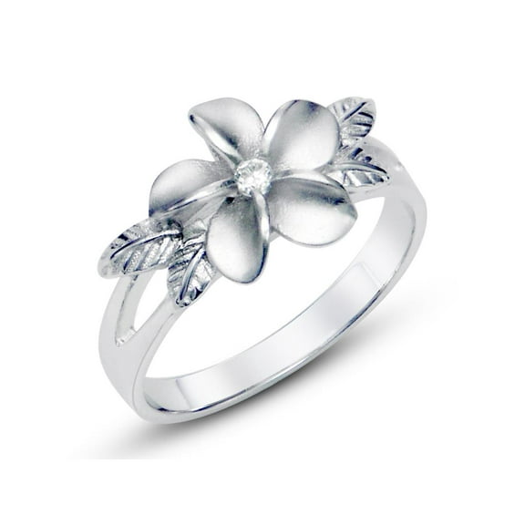Sz 7 Sterting Silver 925 Plumeria Cubic Zirconia CZ w/ Maile Leaf Hawaiian Flower Band Ring