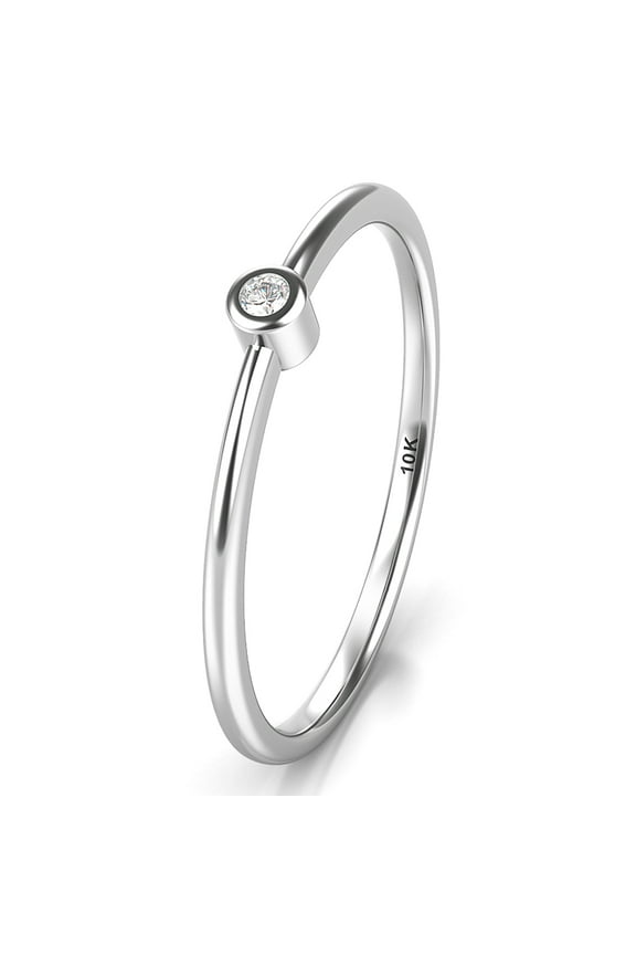 Sz 8.0 Solid 10K White Gold Bezel Set Solitaire Diamond Wedding Engagement Ring