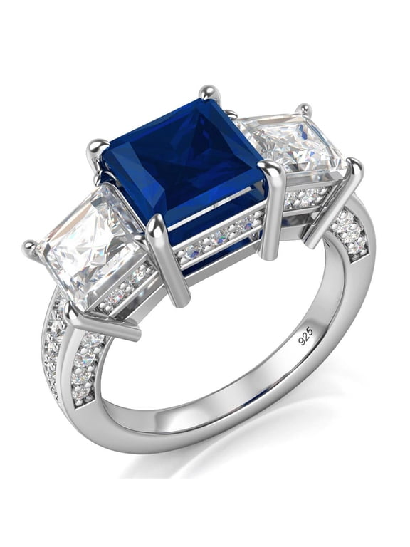 Sz 8 Sterling Silver 925 Princess Cut Blue & White Cubic Zirconia CZ Engagement Ring