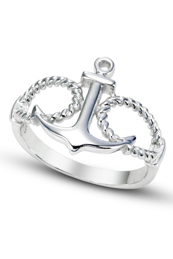 Sz 8 Sterling Silver Anchor & Rope Nautical Band Ring