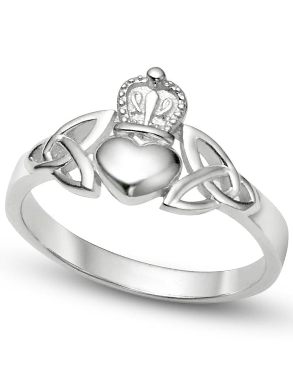 Sz 8 Sterling Silver Irish Claddagh Friendship and Love Band Celtic Ring w/ Trinity Symbols
