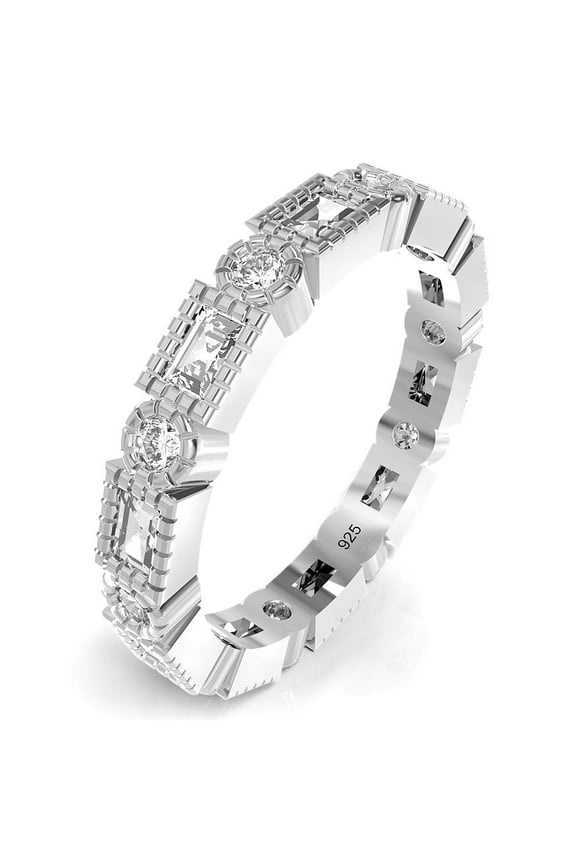 Sz 8 Sterling Silver Radiant & Round Cut CZ Stackable Anniversary Eternity Cubic Zirconia Band Ring