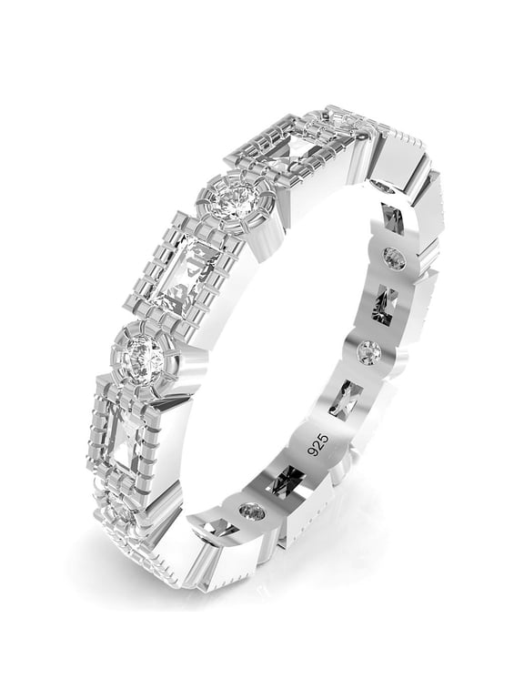 Sz 8 Sterling Silver Radiant & Round Cut CZ Stackable Anniversary Eternity Cubic Zirconia Band Ring