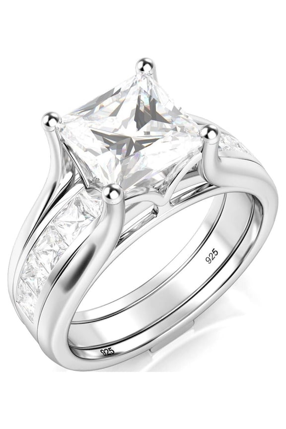 Sz 9 Sterling Silver 2Pcs 925 CZ Cubic Zirconia Engagement Wedding Band Ring Insert Set