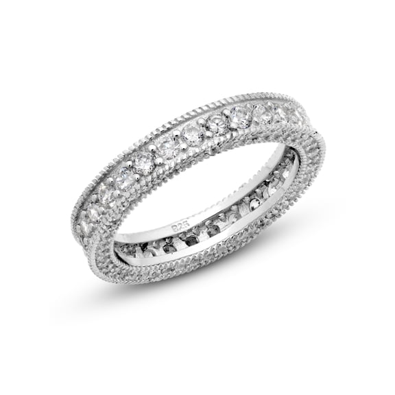 Sz 9 Sterling Silver 925 Cubic Zirconia CZ Vintage Milgrain Eternity Band Ring