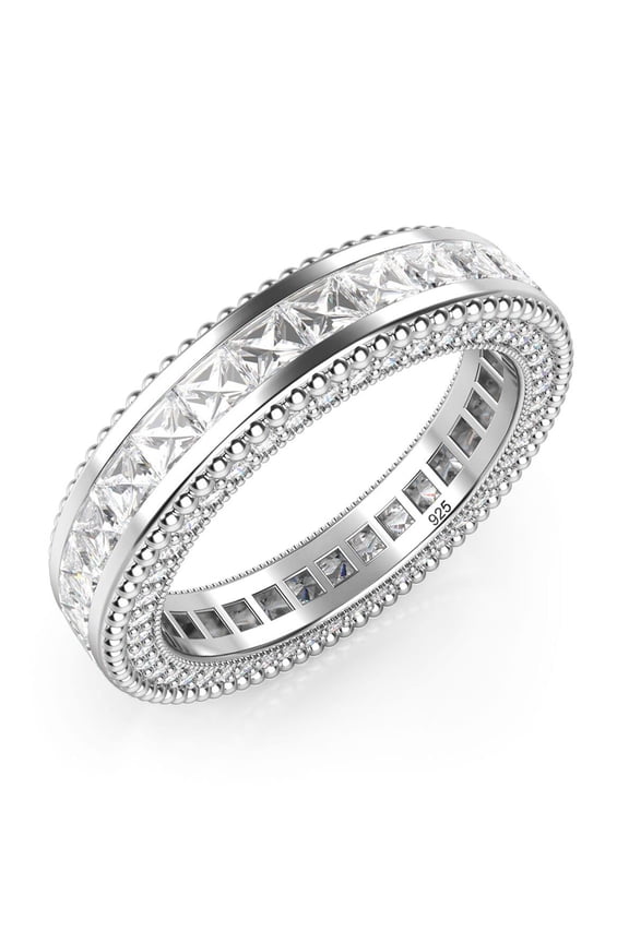 Sz 9 Sterling Silver 925 Princess Cut Cubic Zirconia CZ Milgrain Eternity Band Ring