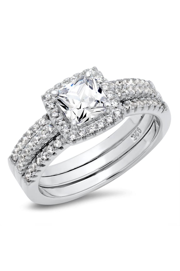 Sz 9 Sterling Silver Cushion Cubic Zirconia CZ 2Pc Halo Wedding Engagement Ring Insert Set