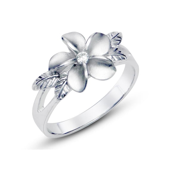 Sz 9 Sterting Silver 925 Plumeria Cubic Zirconia CZ w/ Maile Leaf Hawaiian Flower Band Ring